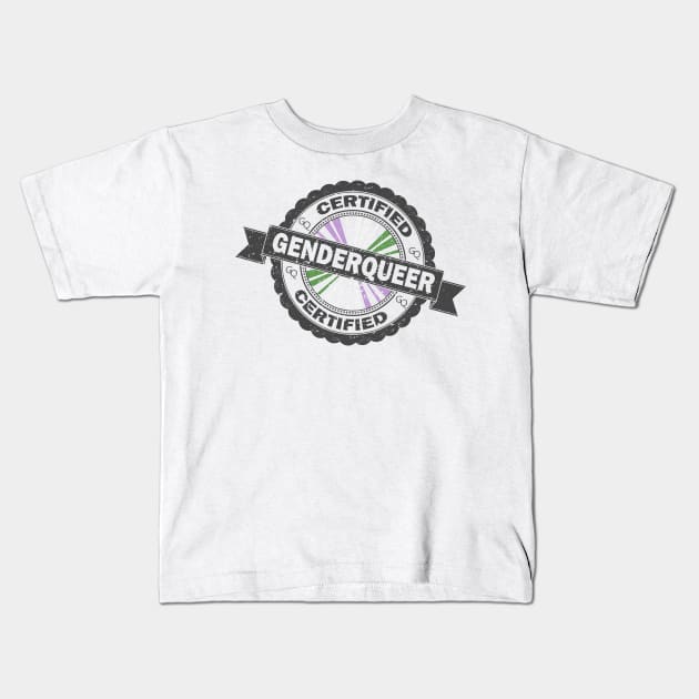 Certified Genderqueer Pride Seal of Approval with Pride Flag Background Kids T-Shirt by LiveLoudGraphics